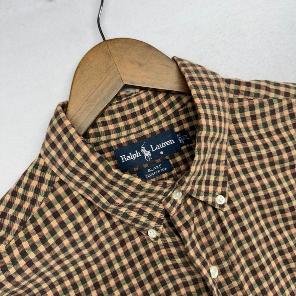 Vintage Ralph Lauren Shirt Mens XL Brown Green Blake Gingham Plaid Oxford OCBD